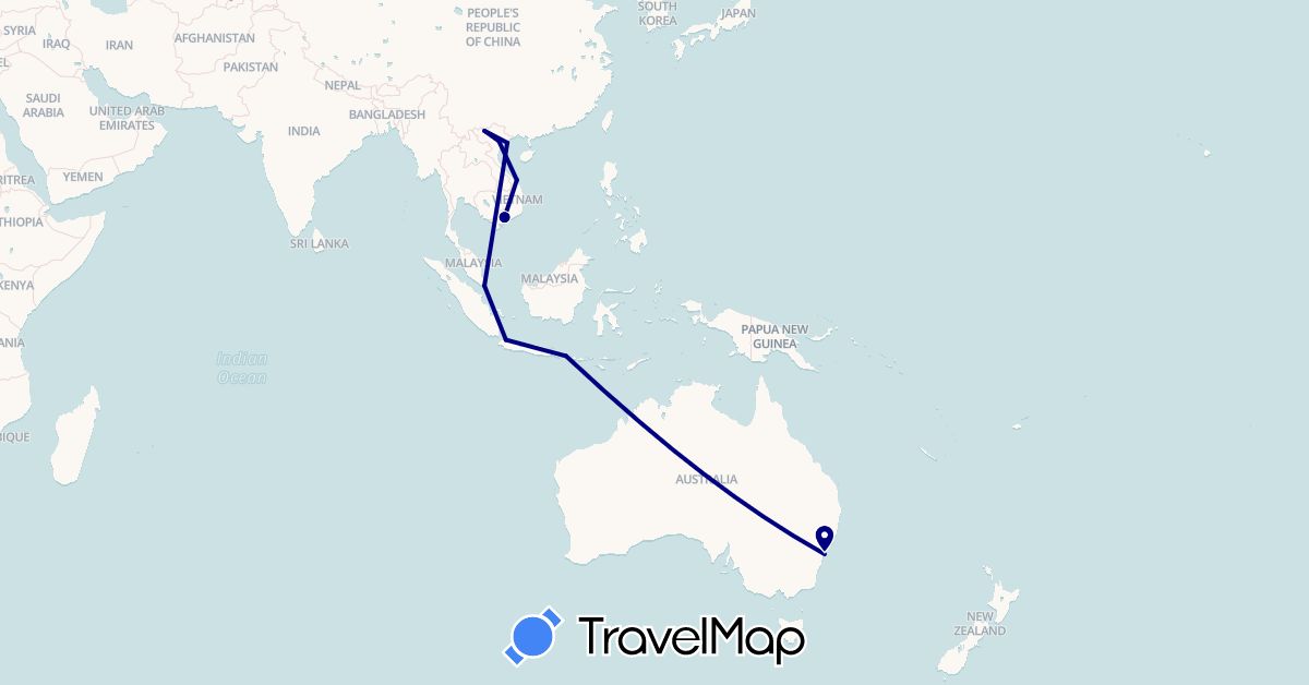 TravelMap itinerary: driving in Australia, Indonesia, Singapore, Vietnam (Asia, Oceania)